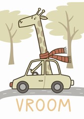 Giraffe travels by car. Theme adventure, travel, vacation, nature.