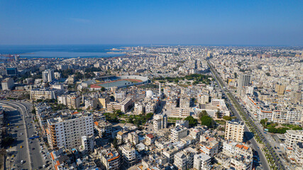 Aerial view of Latakia city, where massive wildfires are sweeping through its forests. Drone shot...
