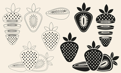 Stylized vector set of whole and sliced strawberries in black fill and outline style. Perfect for food packaging, eco labels, branding, patterns, stickers, and modern culinary illustrations