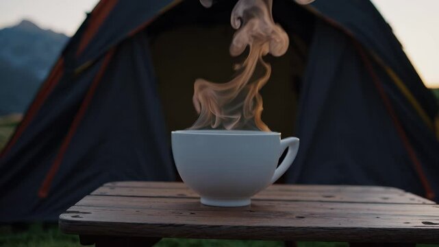 Hot beverage steaming in a cup on a camping table