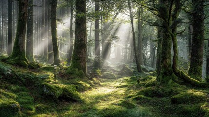 Fototapeta premium Sunlight streams through a misty forest, illuminating moss-covered ground
