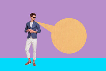 Full image 3d poster art collage of happy girl guy stand bubble communication chatterbox speech...