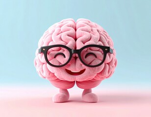 Cute smiling brain wearing glasses on a pastel background. 3D Emoji