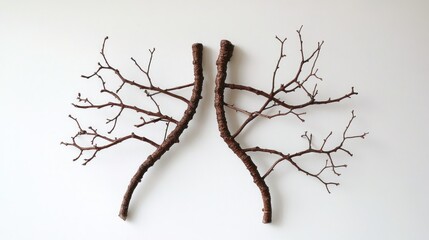 Fototapeta premium Two symmetrical, dark brown, bare twigs, arranged on a white background, resembling lungs or a stylized tree