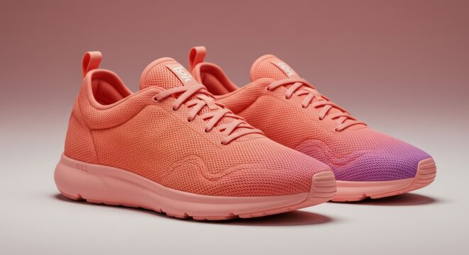 Two coral-toned running shoes, ombre effect on sole