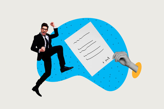 Full 3d poster art banner collage of happy businessman receive job proposal cv paper sheet recommendation hiring vacancy