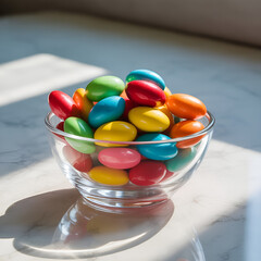A glass bowl filled with colorful candy coated almonds sitting on a bright white marble surface top