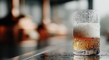 Cold glass of light beer with condensation and foam on a rustic bar counter