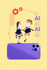 Trendy 3d poster pop image photo collage of two happy preteen classmates schoolgirls jump phone...