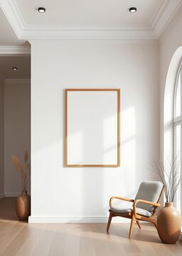 Interior design with blank picture frame mock up living room with armchair and vases view of modern boho style interior with artwork template on a white wall home design concept Empty room interio
