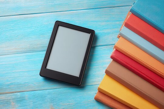 Top down view of a blue wooden table with a portable e reader and hardcover books area available for text