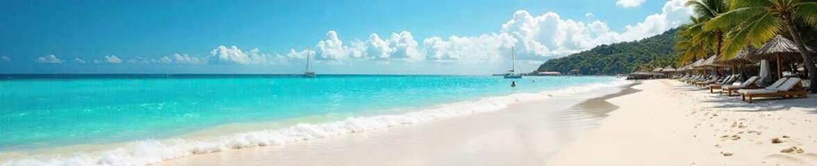 Fototapeta premium Sun-Drenched Beach Calm Turquoise Waters Lap Gently at Shore, Distant Sailing Boats Add to the Perfect Summer Day Escape