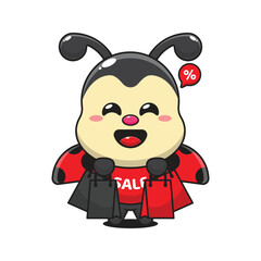 cute ladybug with shopping bag in black friday sale cartoon vector illustration