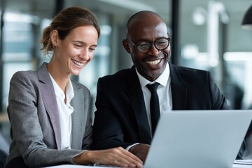 Obraz premium Two cheerful executives collaborate on a laptop in a modern office A bank manager advises a client