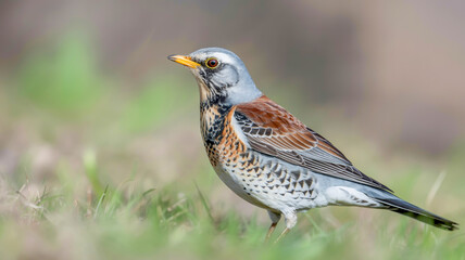 A close-up photograph of a Fieldfare bird standing on grass, shot in sharp focus with a blurred natural background.