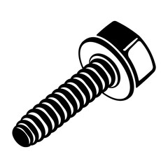 Black icon of hex bolt with thread, simple silhouette without background