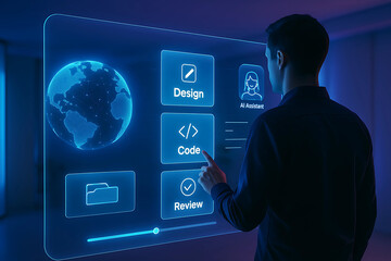 Futuristic Digital Interface with AI Assistant for Design, Coding, and Review in a High-Tech Workspace