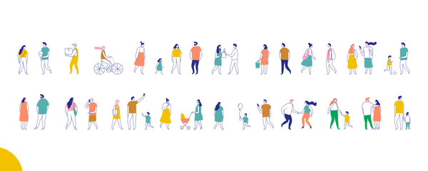 Horizontal flat style vector banner of diverse people silhouettes in line art. Men and women walking, talking, shopping, and engaging in modern urban lifestyle activities.