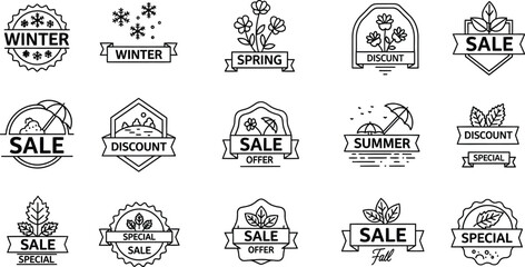 Collection of seasonal sales and discount labels in outline style