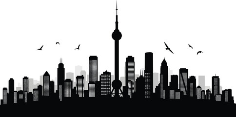Fototapeta premium A city skyline silhouette showcases urban architecture and modern design