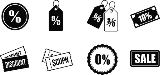 A collection of black and white discount and sale icons on white background