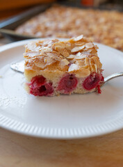 Piece of sour cherry cake on a plate fresh and homemade baked