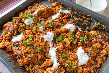 Serbian oven rice meat fresh and homemade cooked as a one pot meal