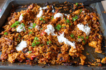 Serbian oven rice meat fresh and homemade cooked as a one pot meal