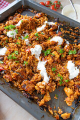 Serbian oven rice meat fresh and homemade cooked as a one pot meal