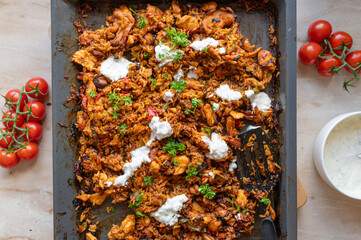 Serbian oven rice meat fresh and homemade cooked as a one pot meal