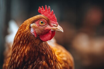 Brown bird with a red comb Farm creature in a rural setting Feathered beaked avian portrait Animal image