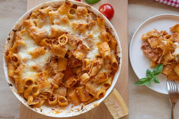 Tuna casserole with tomato sauce and mozzarella cheese topping fresh and homemade cooked