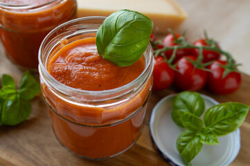 Tomato soup in a glass jar fresh and homemade cooked