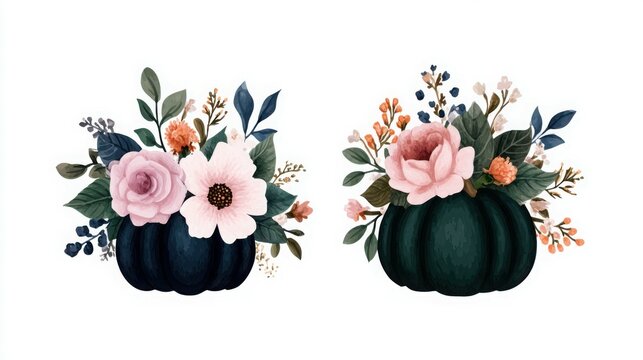 Two pumpkins with flowers on them