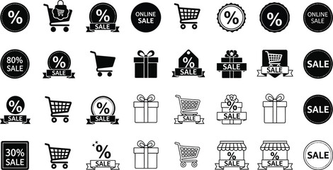 A collection of black and white sale icons including carts and gifts