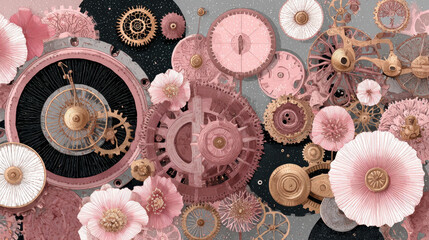 Pink and Gold Clocks and Gears with Floral Elements Abstract Background