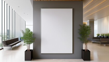 vertical blank poster mockup on wall in bright modern office lobby with reception desk and waiting area furniture in clean interior space 3d rendering