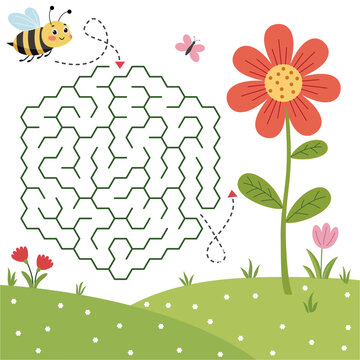 Bee maze game &ndash; bright cartoon-style flat vector with honeycomb hexagon labyrinth, cute bee flying to flower, fun kids puzzle for spring, summer or educational printables