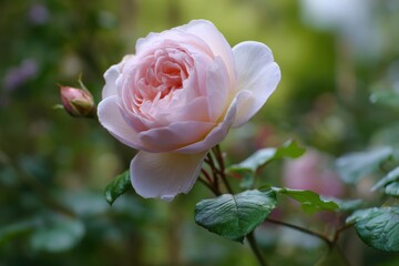 Flawless light pink rose in an English garden