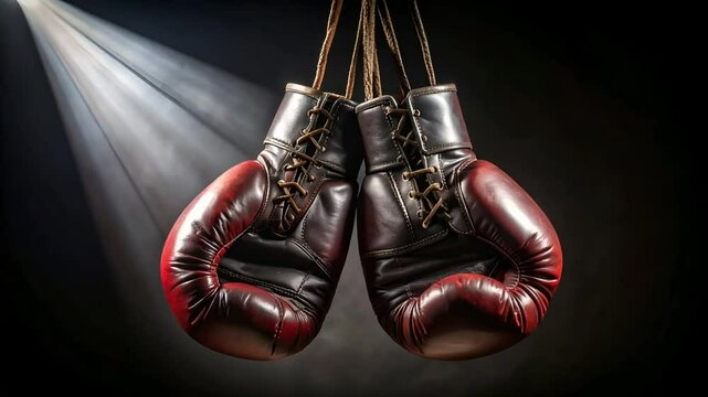 A Pair of Vintage Boxing Gloves Suspended in Dramatic Lighting with a Dark Background