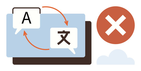 Two speech bubbles with language symbols connected by arrows, indicating translation flow. A red crossed-out mark suggests error or prohibition. Ideal for communication, language, translation © robu_s