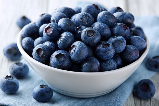 Fresh blueberries in a white bowl on a table