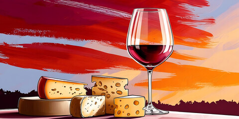Glass of red wine with assorted cheeses in cozy ambient lighting

