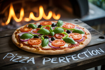 A freshly baked pizza with vibrant toppings near a wood fired oven for a delicious meal experience