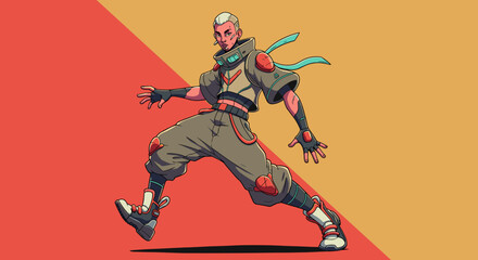 Obraz premium Stylized character in dynamic pose with colorful background 