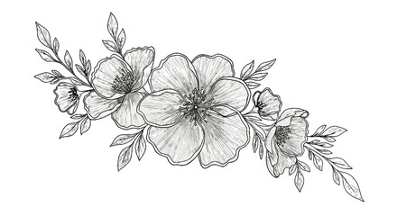 Floral sketch illustration of blooming flowers with leaves  