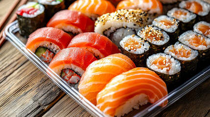 Assorted fresh sushi platter featuring salmon, tuna, and spicy rolls on a wooden surface
