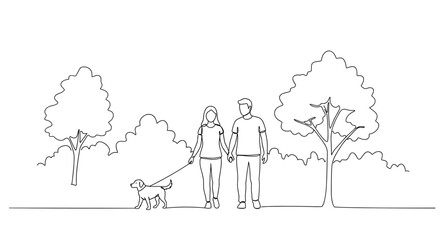 Line art couple walking a dog in a park with trees  