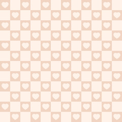 Fototapeta premium Seamless vector pattern with hearts and squares. Geometric repeating gingham pattern, pastel striped texture.