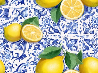 Vibrant Lemons and Blue Italian Tiles Fresh Citrus Fruit on a Decorative Background